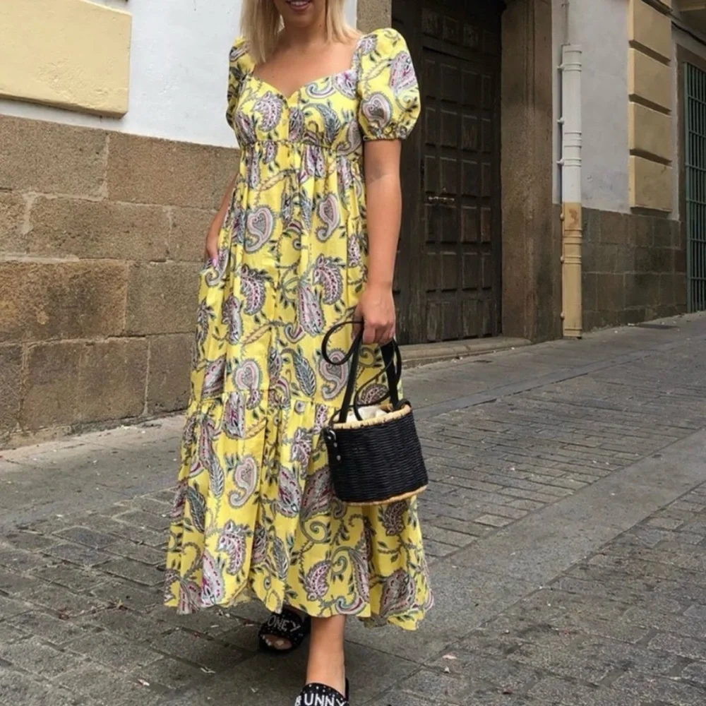 Zara Yellow Paisley Puff Sleeve Midi Dress | Size M | Has Pockets!! - Picture 10 of 12